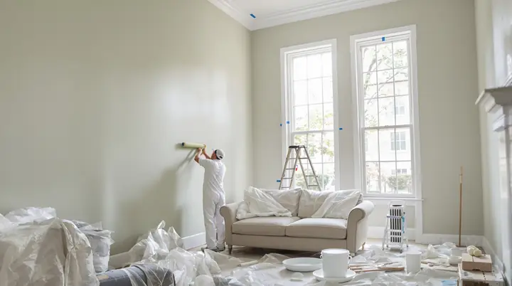 Painter rolling a sage green wall in a downtown Savannah townhouse with tall windows