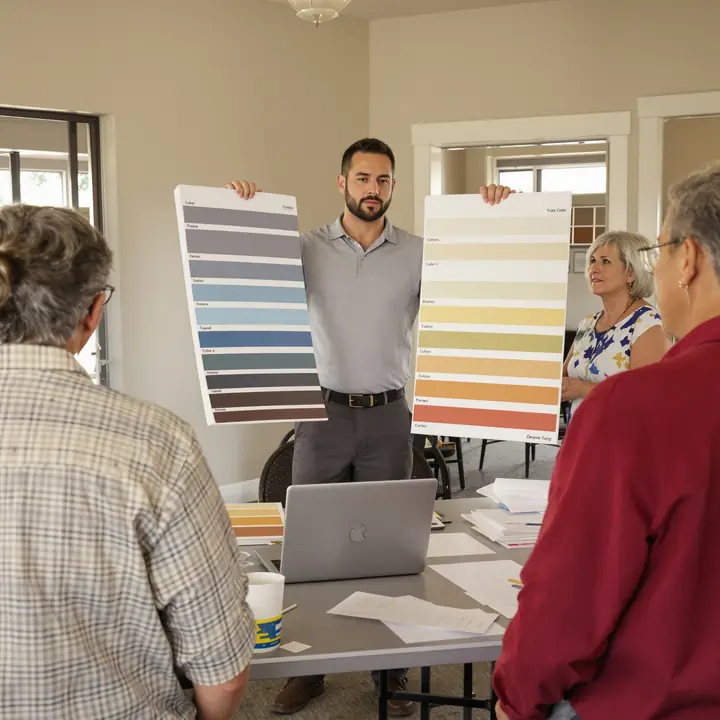 Estimator showing color sample boards to an HOA board at a clubhouse table