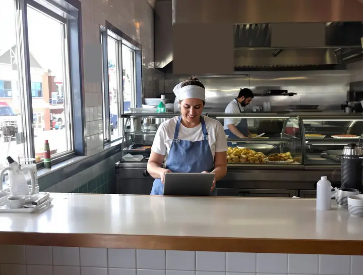 A diner owner checks payroll on a tablet before opening