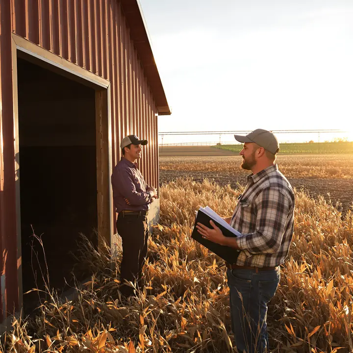 Talking over harvest payroll beside a potato cellar