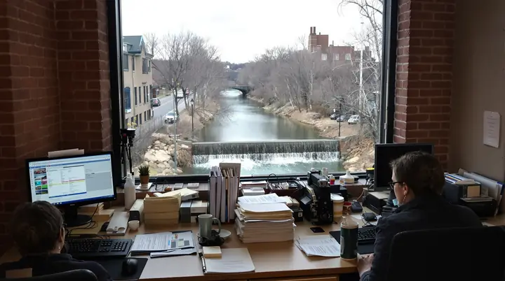 Our upstairs office downtown with a view of the river falls