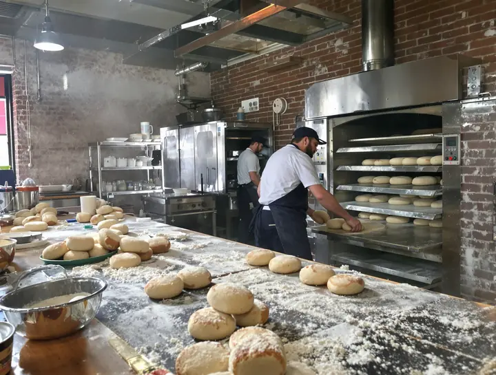 Early morning bakers shaping loaves in an old brick bakery