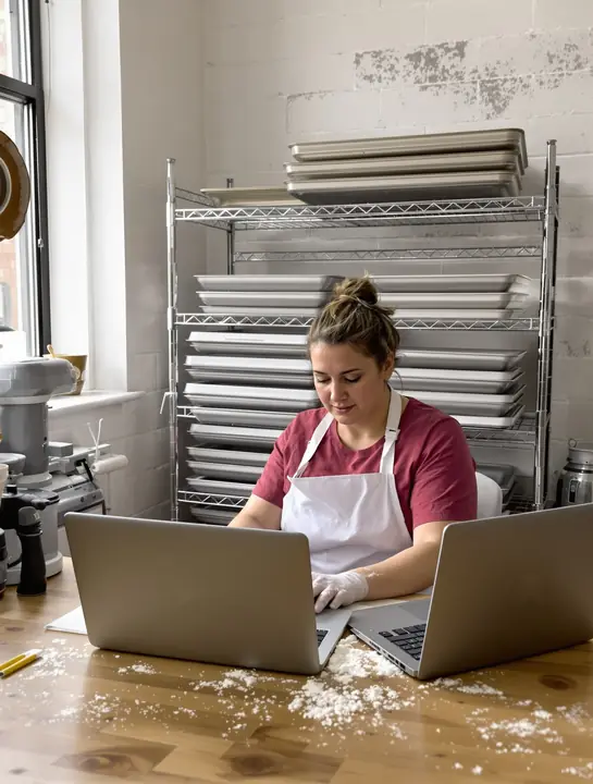 Bakery owner checking time sheets in her back office