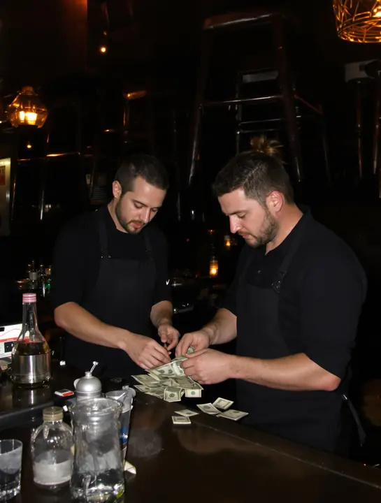 Bartender and server splitting tips after close