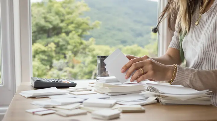 Woman sorting card bills at her kitchen table