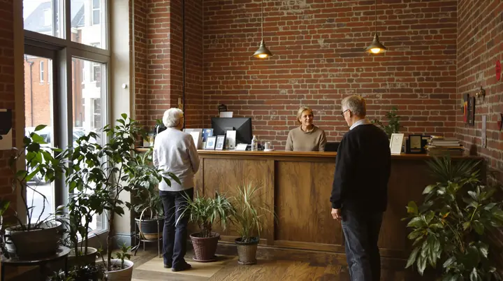 Staff member greeting a couple at the front counter of the office