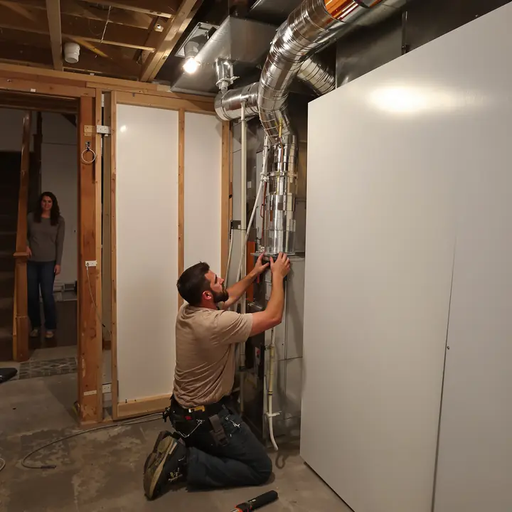 Technician installing a new furnace in a basement