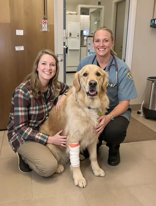 Owner with her golden retriever after leg surgery at the vet