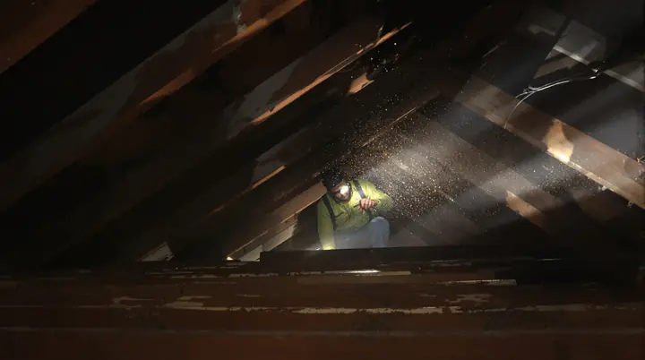 Inspector with a headlamp checking rafters in an attic