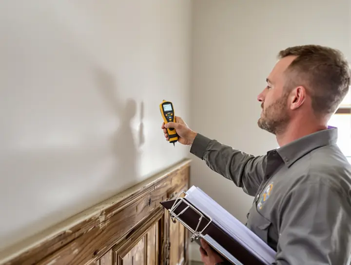 Inspector reading moisture in an old baseboard