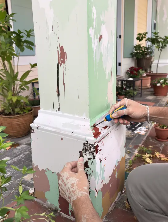 Probing the base of a porch column with a screwdriver