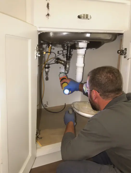 Tech inspecting under a kitchen sink