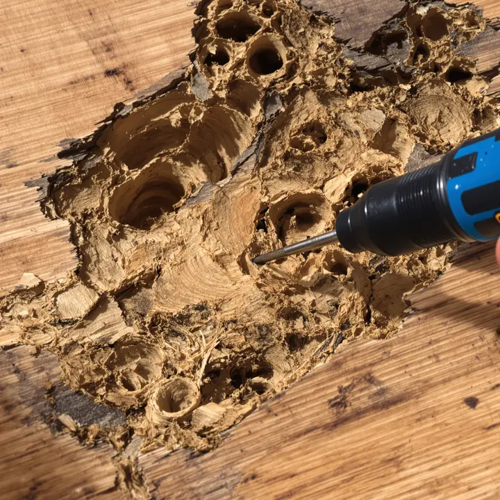 Termite damaged wood with tunnels