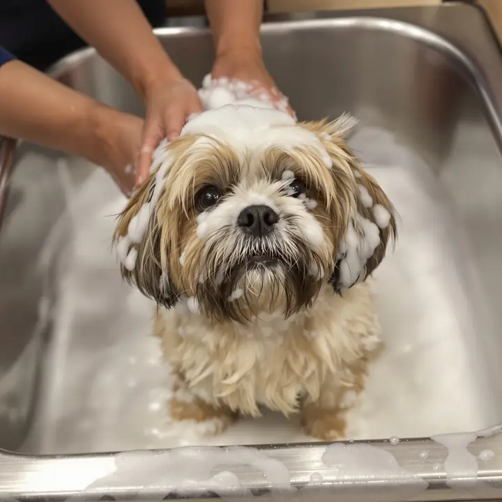 A shih tzu covered in suds in the tub