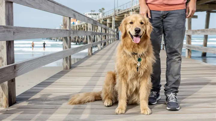 A freshly groomed golden retriever on the Oceanside pier