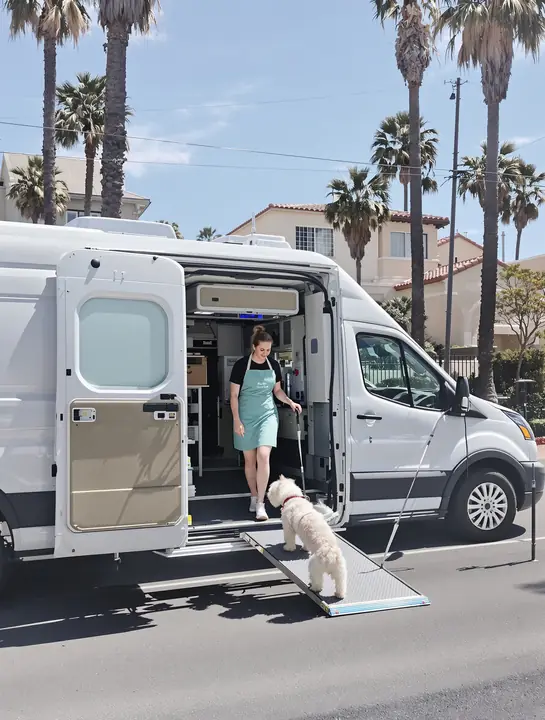 A small white terrier walking up the ramp into our grooming van