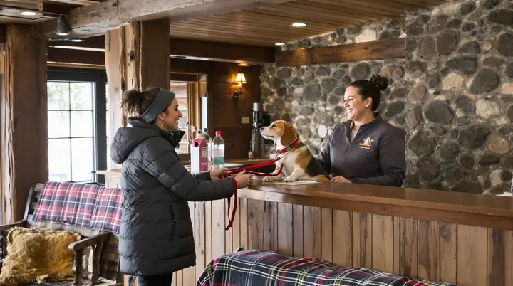 A woman handing her beagle's leash to our staff at the front desk