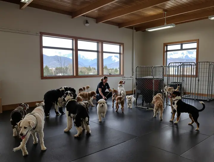 Dogs playing in the heated indoor playroom