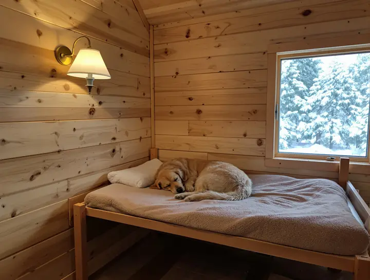 An older golden retriever asleep on a cot in a pine suite