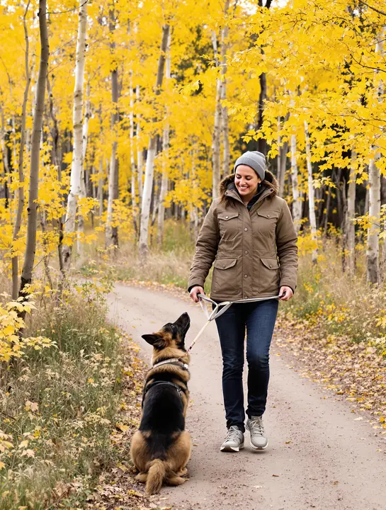 A trainer walking a young shepherd on a trail through golden aspens
