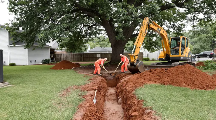 Crew digging a trench to reach a broken clay sewer line under an oak