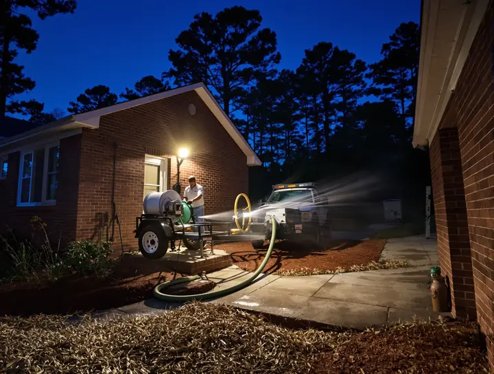 Plumber hydro jetting a sewer cleanout at dusk beside a brick home