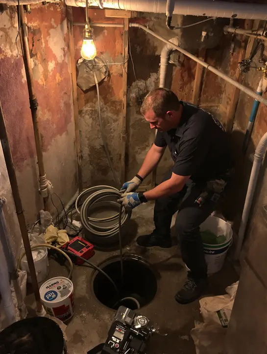 Plumber running a drum machine cable into a basement floor drain