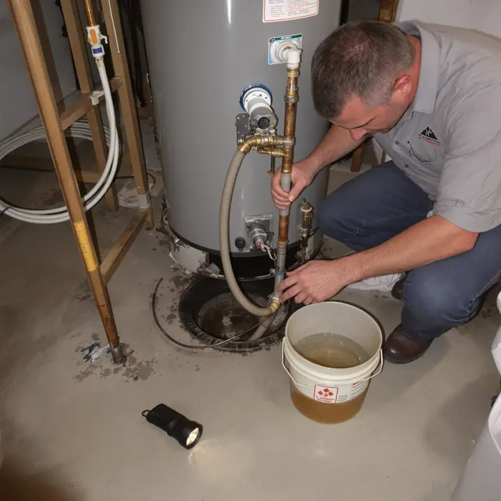 Plumber draining sediment from a water heater into a bucket