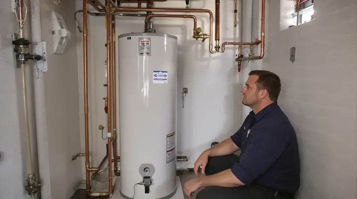 Plumber checking a new 50 gallon water heater in a Denver basement