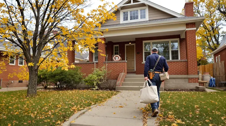 Plumber walking up to a red brick Denver bungalow with a coil of copper pipe