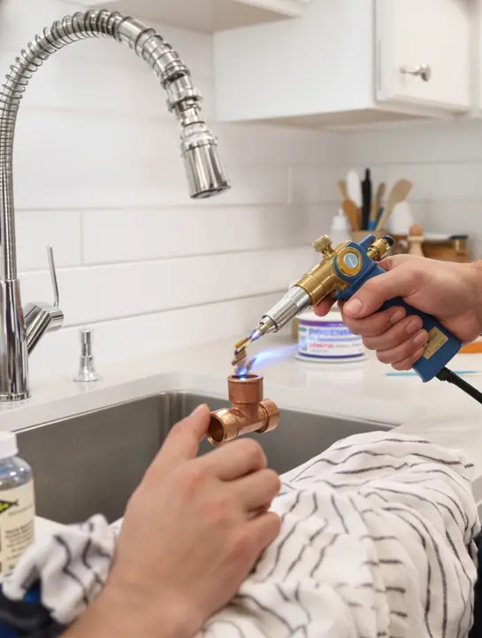 Plumber soldering a copper tee at a kitchen sink