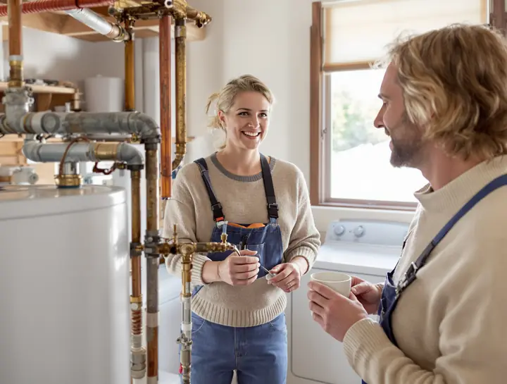 Homeowners talking in a laundry room next to the water heater