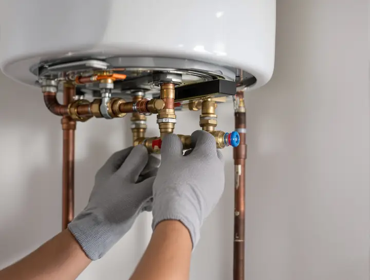 Plumber tightening the valves on a new tankless water heater in a Denver garage
