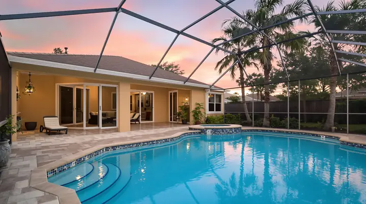 Clear blue pool with a sun shelf at sunset under a screened enclosure