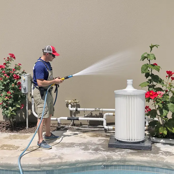 Tech hosing off a cartridge filter at the equipment pad