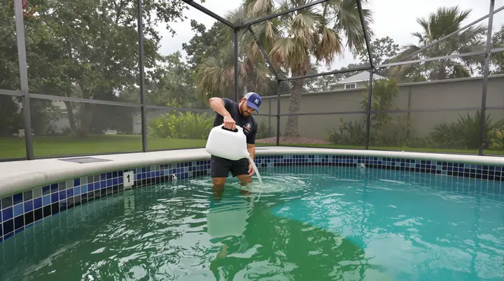 Tech pouring chlorine into a green pool