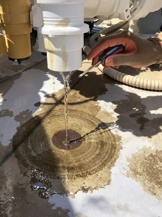 Water dripping from a union fitting onto the pad