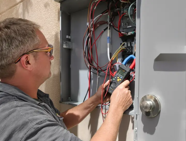 Tech testing wires in a pool equipment subpanel with a clamp meter