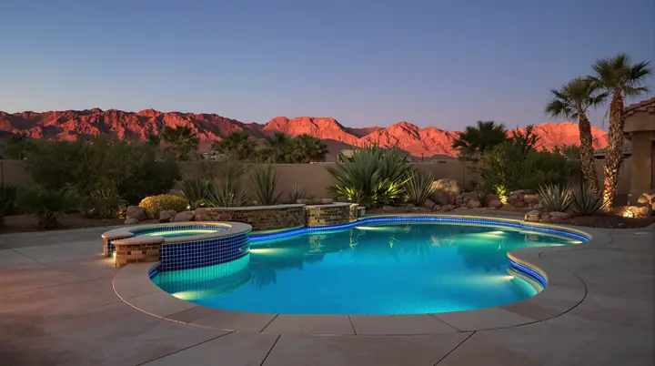 Remodeled pool at dusk with glass tile, travertine deck and lights on