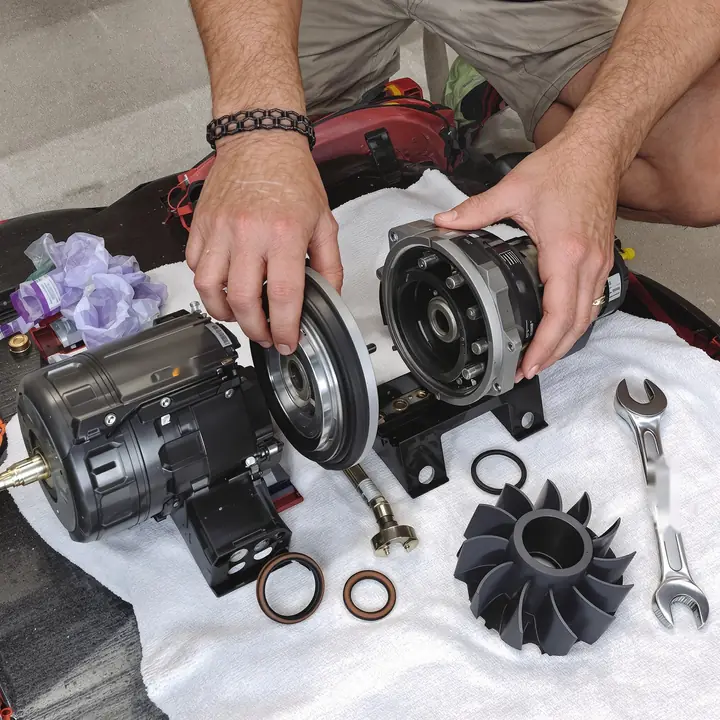 Pump motor and wet end split apart for a shaft seal change