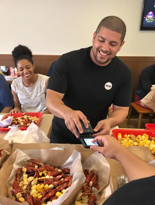 Server taking a card at the table during a crawfish boil