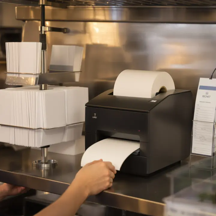 Loading a paper roll into a kitchen ticket printer next to the rail