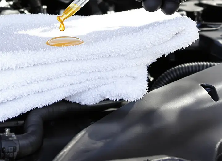 Engine oil sample on a white towel