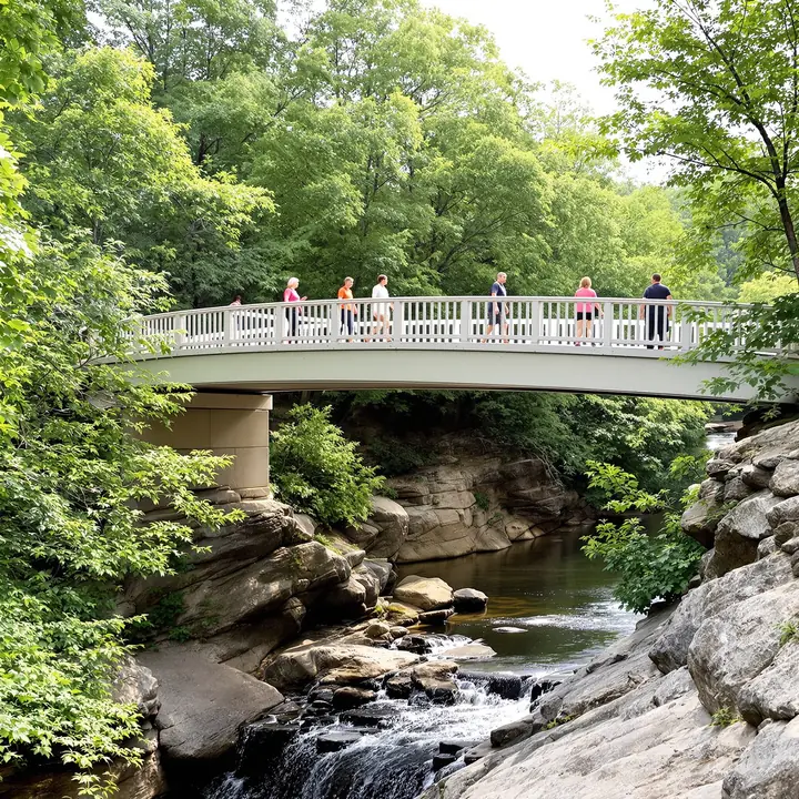 People walking the Liberty Bridge over the falls in downtown Greenville