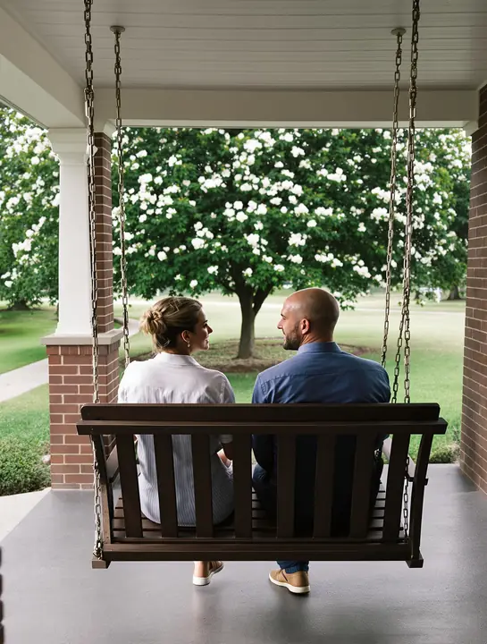 Husband and wife talking on a porch swing in Greenville