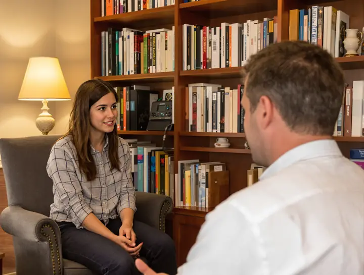Family counselor meeting with a father and his teenage daughter