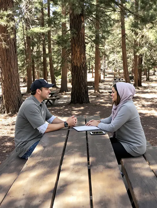 Counselor and a woman talking at a picnic table under ponderosa pines