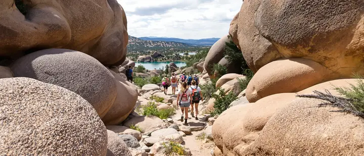 Small group hiking through the Granite Dells near Watson Lake