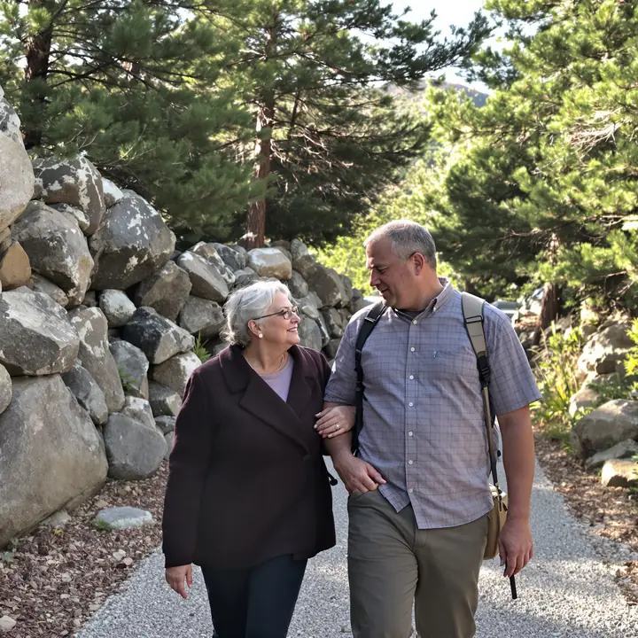 Mother and her adult son walking a gravel path among granite rocks