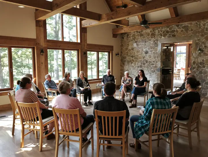 Group session in a timber beamed room with tall windows onto the pines